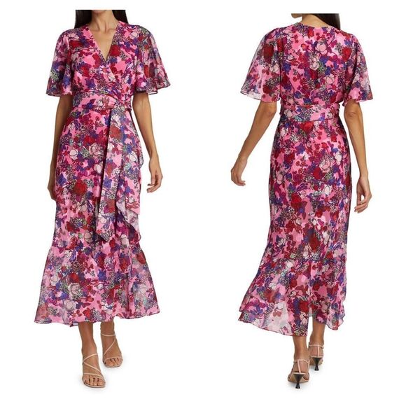 Tanya Taylor Pink Floral Blaire Wrap midi dress size 12 NWT - Picture 1 of 10